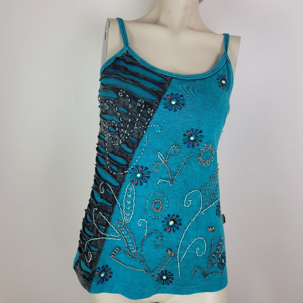 Vintage Y2K 90s Rising International Teal Embroidered Tank Top Size Large